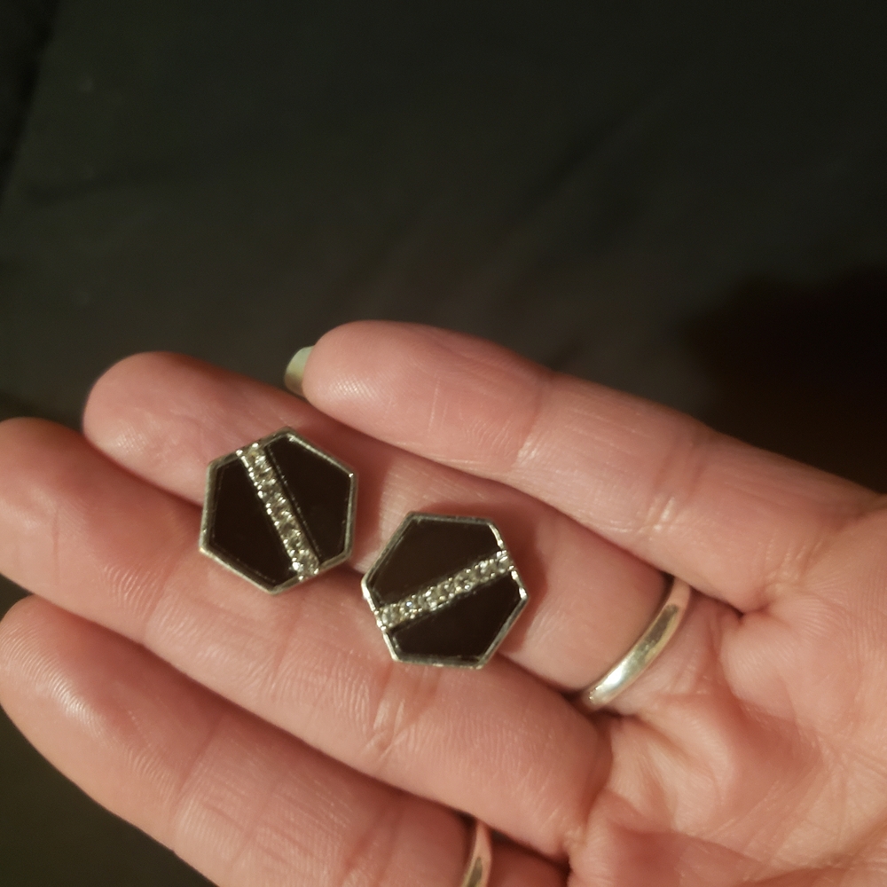 Hexagon Black Earrings with Silver Accents